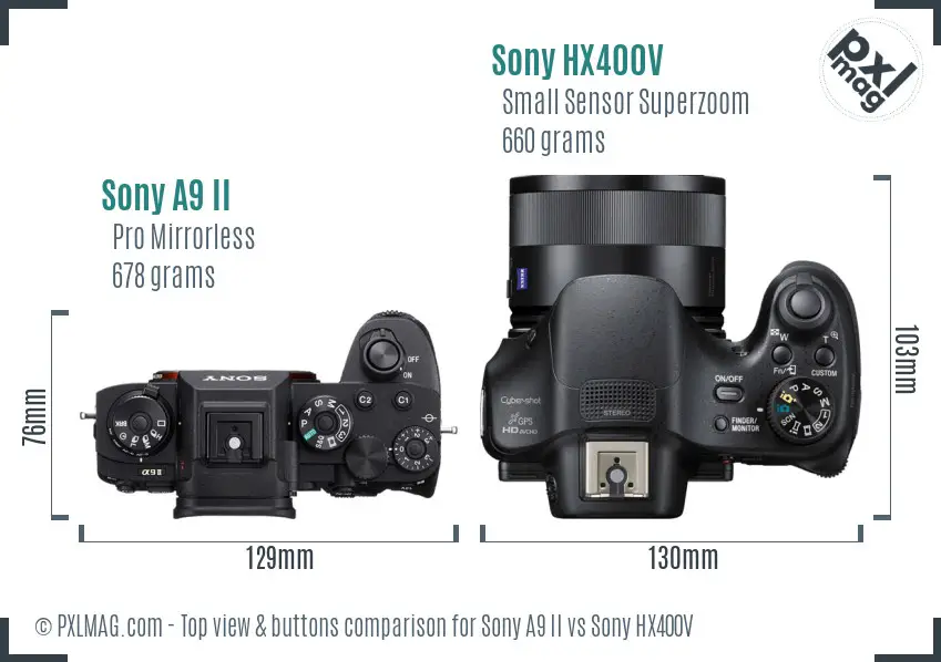 Sony A9 II vs Sony HX400V top view buttons comparison