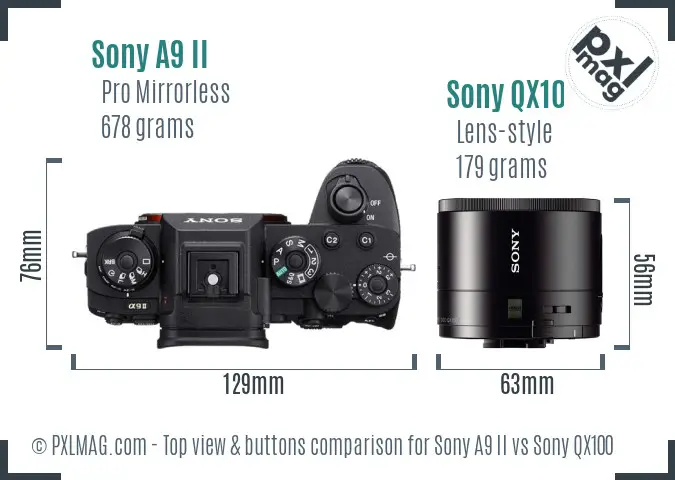 Sony A9 II vs Sony QX100 top view buttons comparison