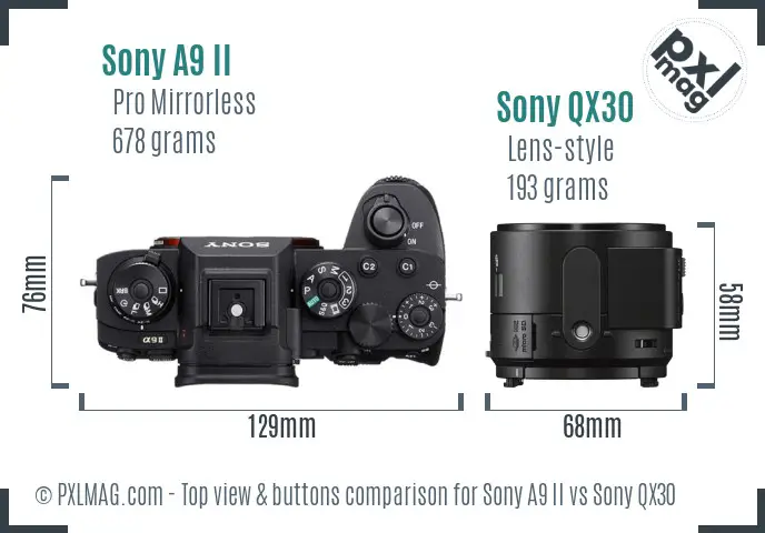 Sony A9 II vs Sony QX30 top view buttons comparison