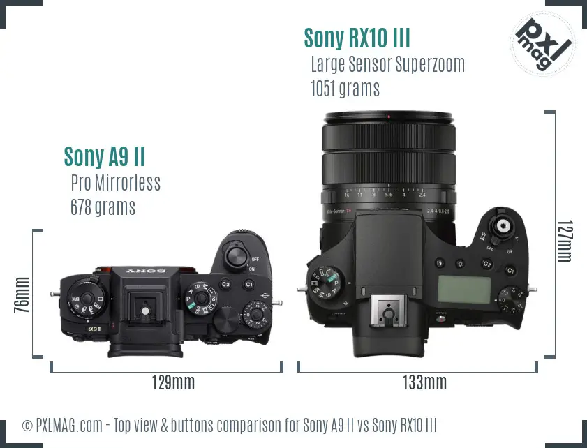 Sony A9 II vs Sony RX10 III top view buttons comparison