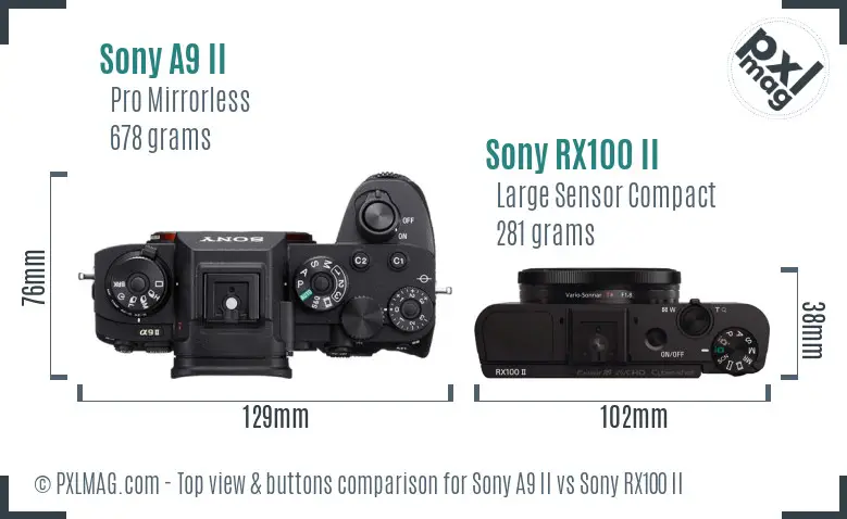 Sony A9 II vs Sony RX100 II top view buttons comparison