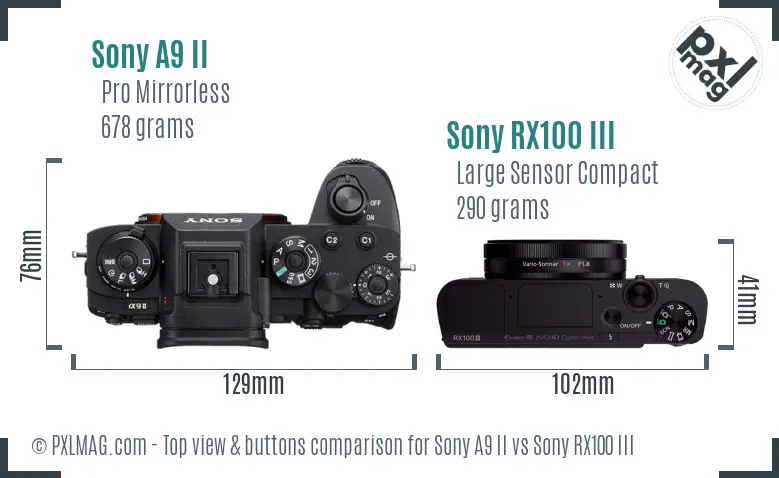 Sony A9 II vs Sony RX100 III top view buttons comparison