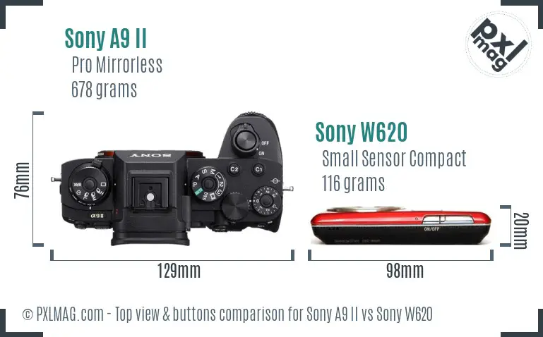 Sony A9 II vs Sony W620 top view buttons comparison