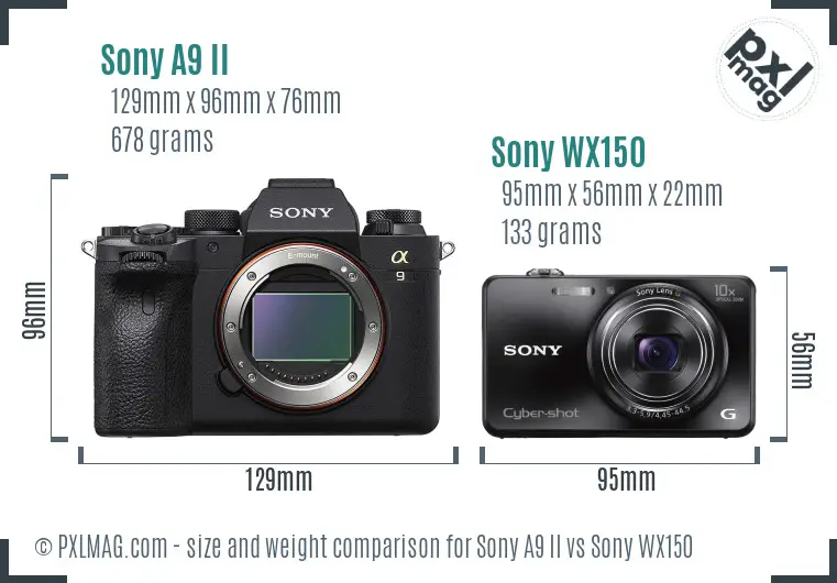Sony A9 II vs Sony WX150 size comparison