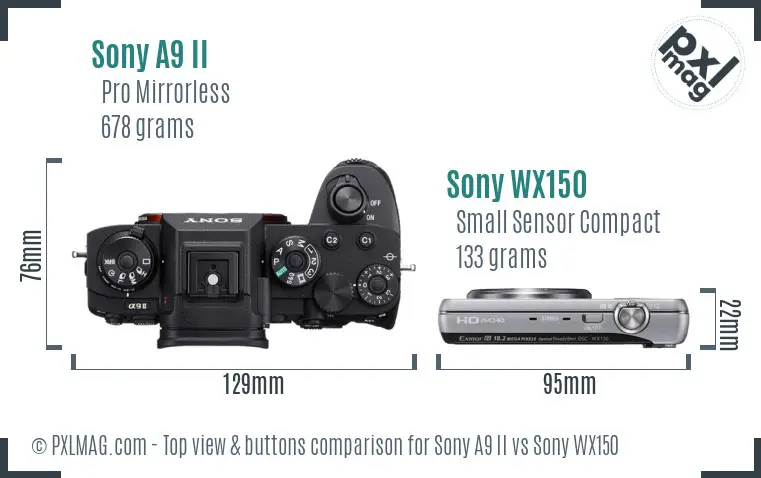 Sony A9 II vs Sony WX150 top view buttons comparison