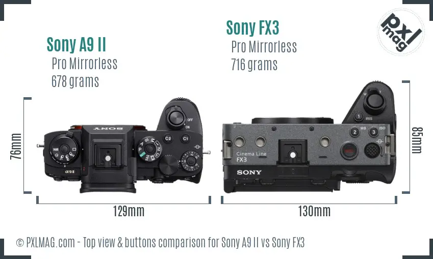 Sony A9 II vs Sony FX3 top view buttons comparison