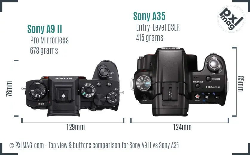 Sony A9 II vs Sony A35 top view buttons comparison