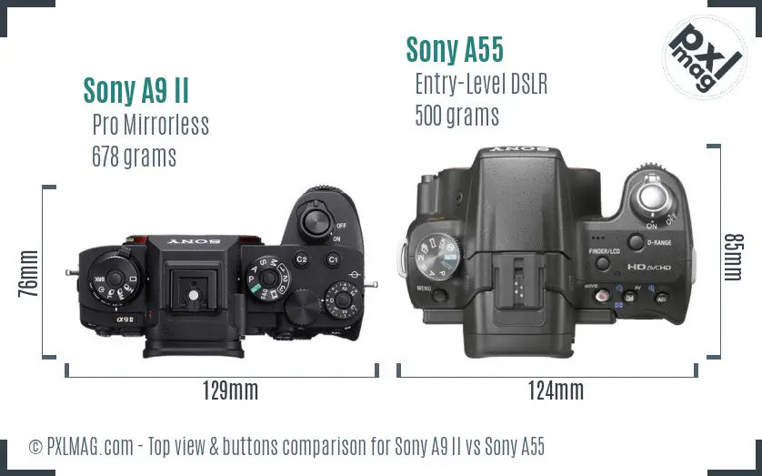Sony A9 II vs Sony A55 top view buttons comparison