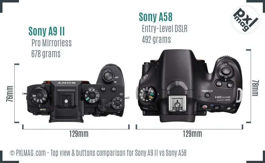 Sony A9 II vs Sony A58 top view buttons comparison