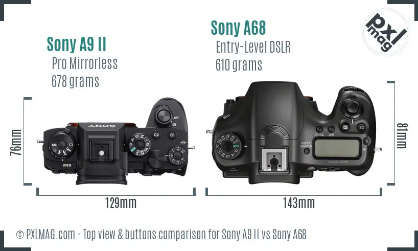 Sony A9 II vs Sony A68 top view buttons comparison