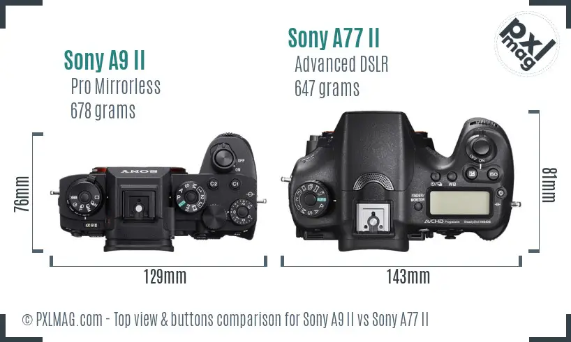 Sony A9 II vs Sony A77 II top view buttons comparison