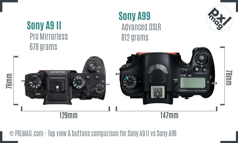 Sony A9 II vs Sony A99 top view buttons comparison