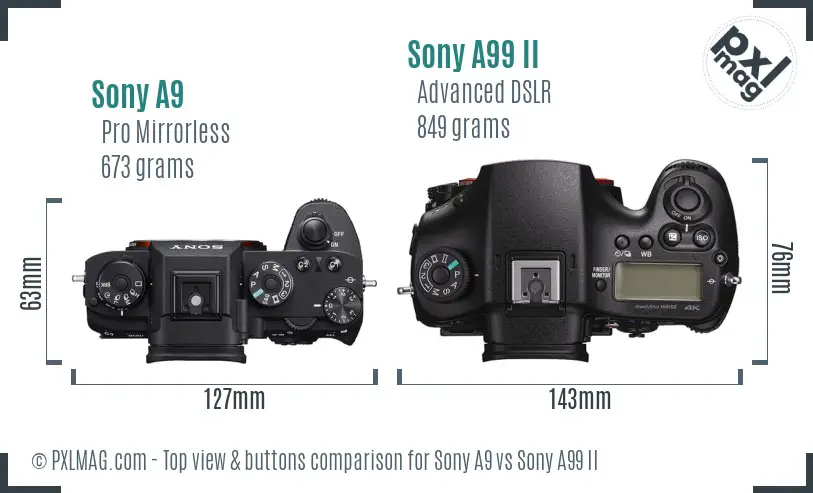 Sony A9 vs Sony A99 II top view buttons comparison