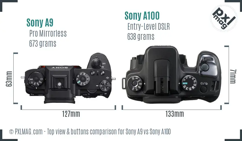 Sony A9 vs Sony A100 top view buttons comparison