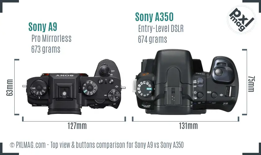 Sony A9 vs Sony A350 top view buttons comparison