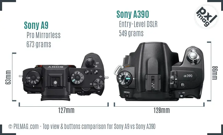 Sony A9 vs Sony A390 top view buttons comparison