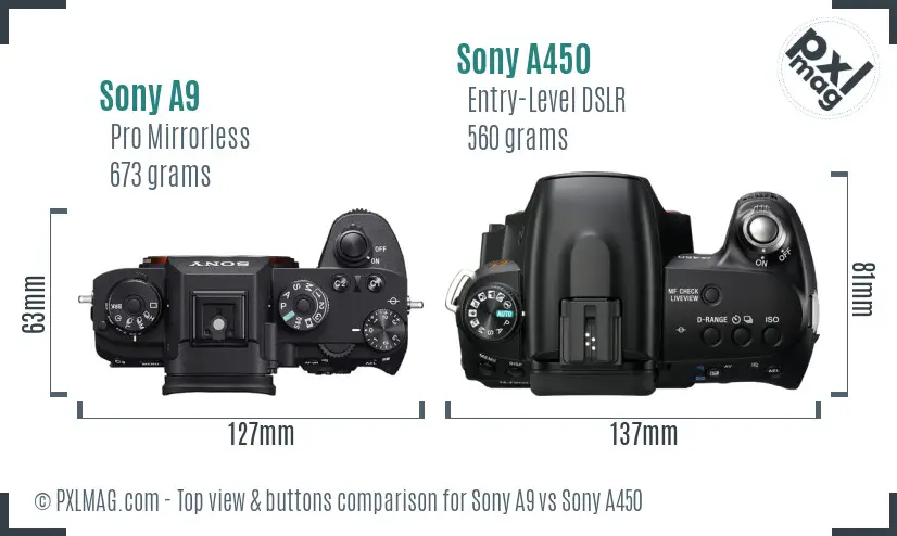 Sony A9 vs Sony A450 top view buttons comparison
