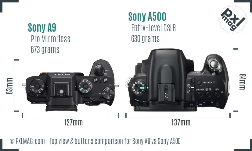 Sony A9 vs Sony A500 top view buttons comparison