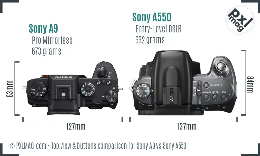 Sony A9 vs Sony A550 top view buttons comparison