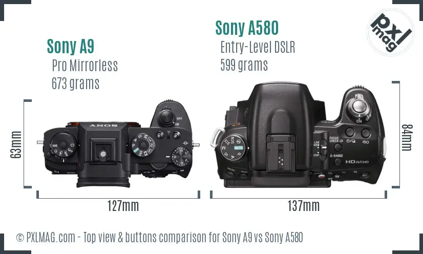 Sony A9 vs Sony A580 top view buttons comparison