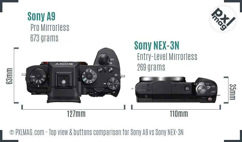 Sony A9 vs Sony NEX-3N top view buttons comparison