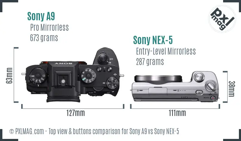 Sony A9 vs Sony NEX-5 top view buttons comparison