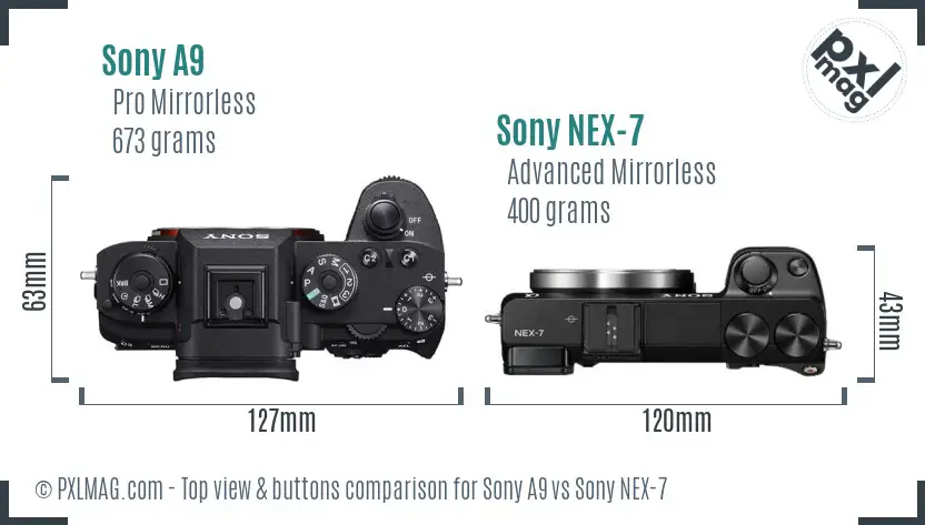 Sony A9 vs Sony NEX-7 top view buttons comparison