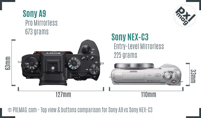 Sony A9 vs Sony NEX-C3 top view buttons comparison