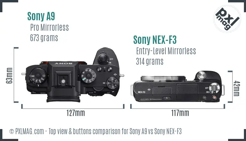 Sony A9 vs Sony NEX-F3 top view buttons comparison