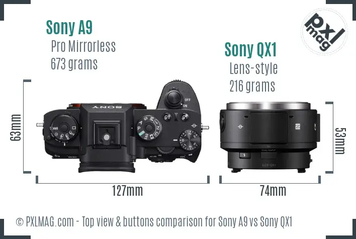 Sony A9 vs Sony QX1 top view buttons comparison