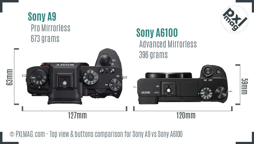 Sony A9 vs Sony A6100 top view buttons comparison