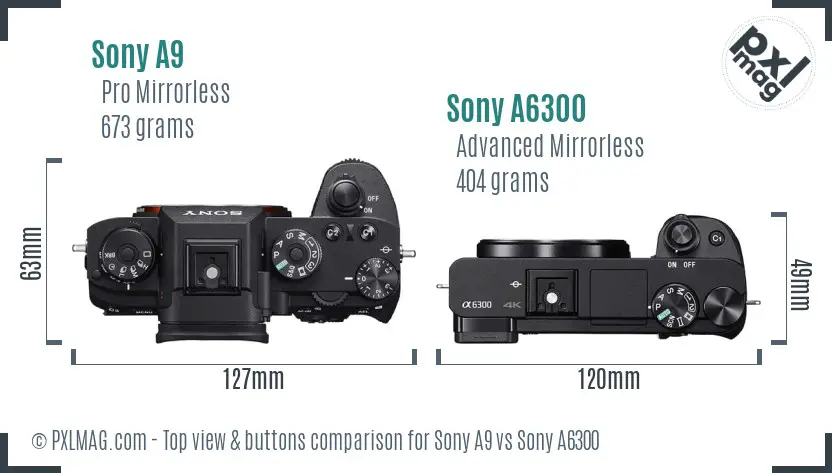 Sony A9 vs Sony A6300 top view buttons comparison