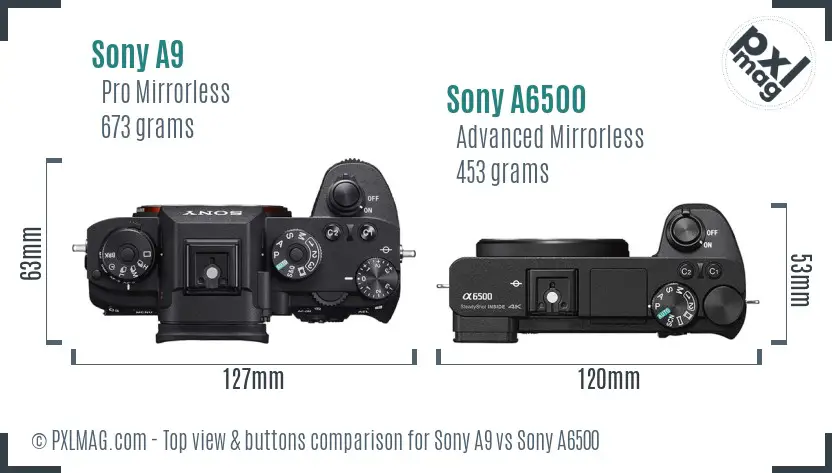 Sony A9 vs Sony A6500 top view buttons comparison