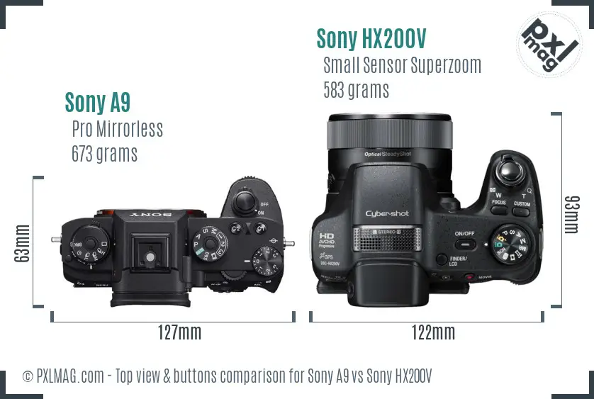 Sony A9 vs Sony HX200V top view buttons comparison
