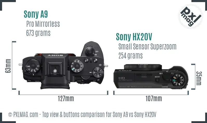 Sony A9 vs Sony HX20V top view buttons comparison