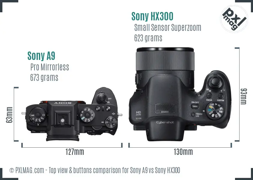 Sony A9 vs Sony HX300 top view buttons comparison