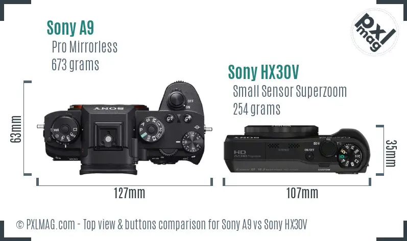 Sony A9 vs Sony HX30V top view buttons comparison