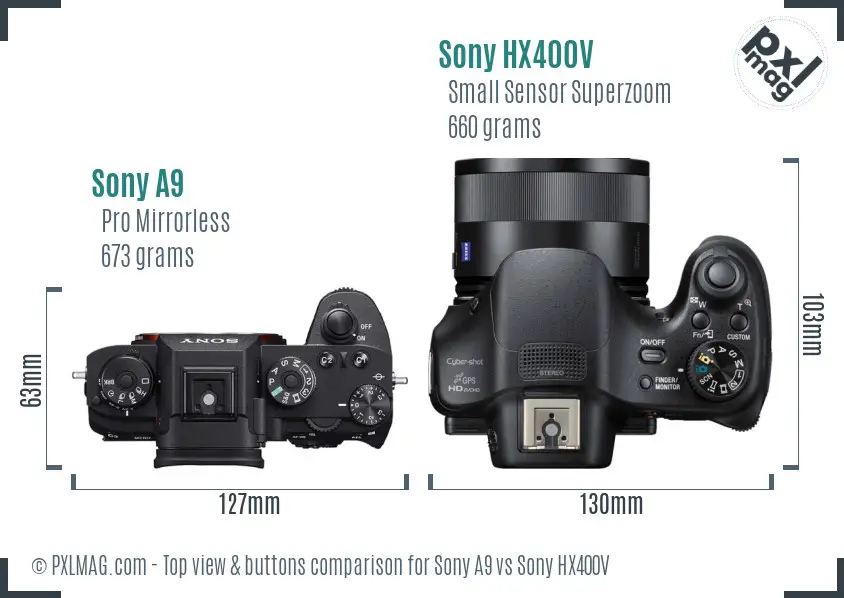 Sony A9 vs Sony HX400V top view buttons comparison
