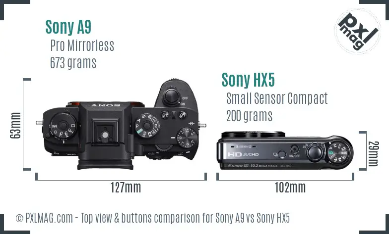 Sony A9 vs Sony HX5 top view buttons comparison