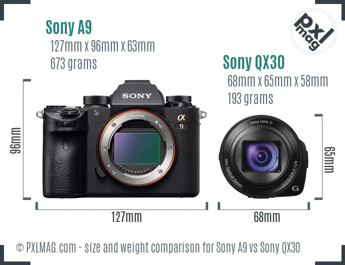 Sony A9 vs Sony QX30 size comparison