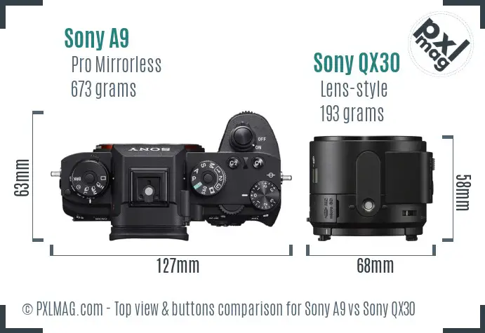 Sony A9 vs Sony QX30 top view buttons comparison