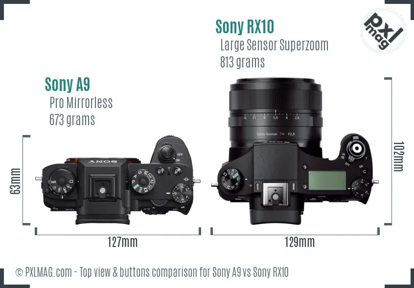 Sony A9 vs Sony RX10 top view buttons comparison