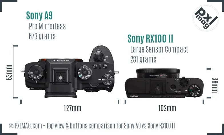 Sony A9 vs Sony RX100 II top view buttons comparison