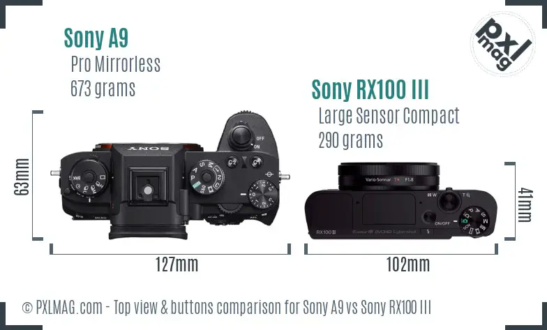 Sony A9 vs Sony RX100 III top view buttons comparison
