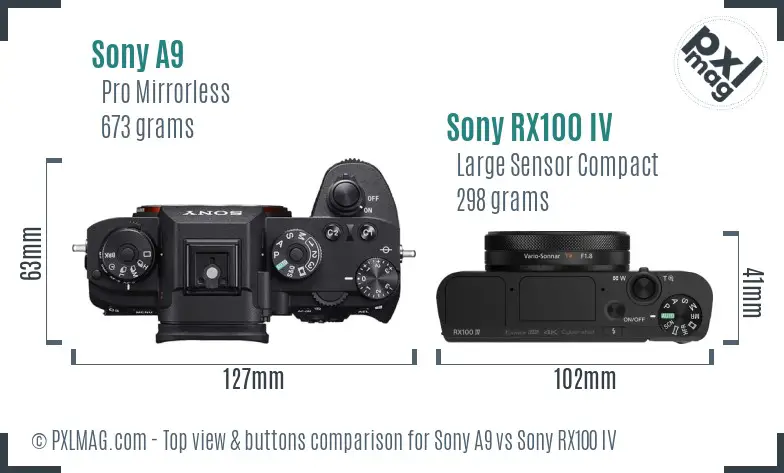 Sony A9 vs Sony RX100 IV top view buttons comparison