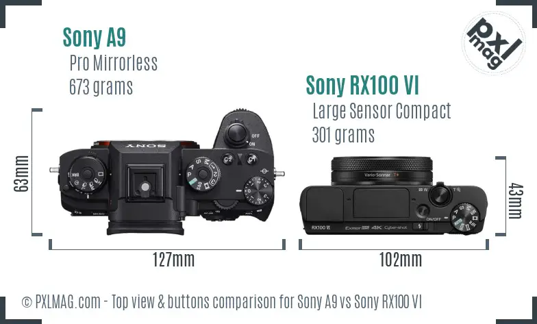 Sony A9 vs Sony RX100 VI top view buttons comparison