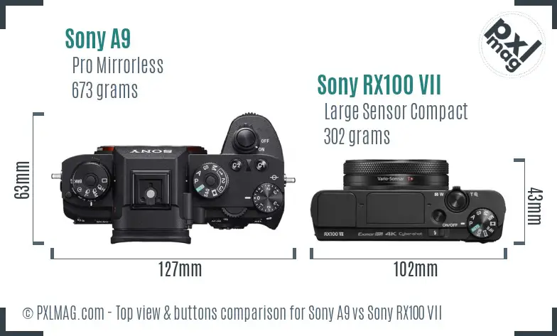 Sony A9 vs Sony RX100 VII top view buttons comparison