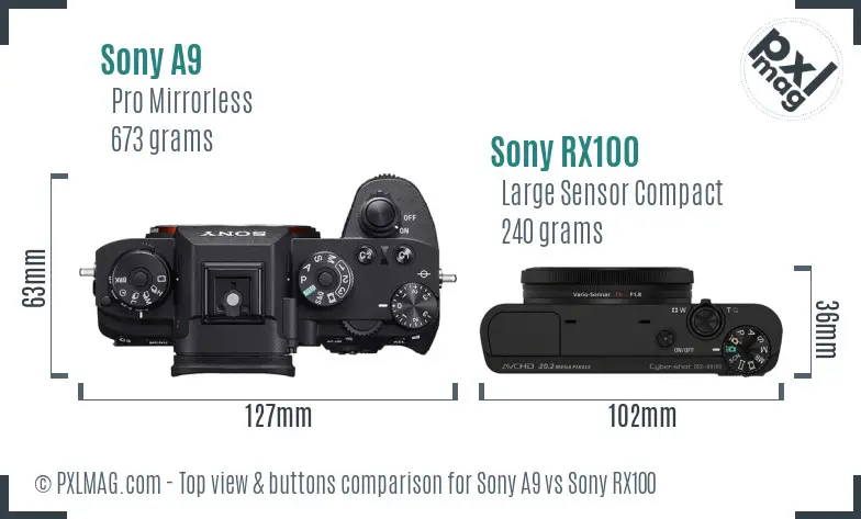 Sony A9 vs Sony RX100 top view buttons comparison