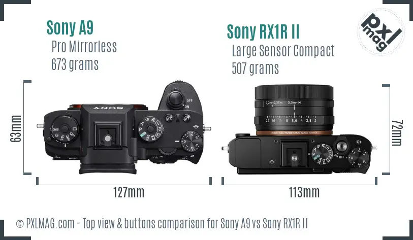 Sony A9 vs Sony RX1R II top view buttons comparison