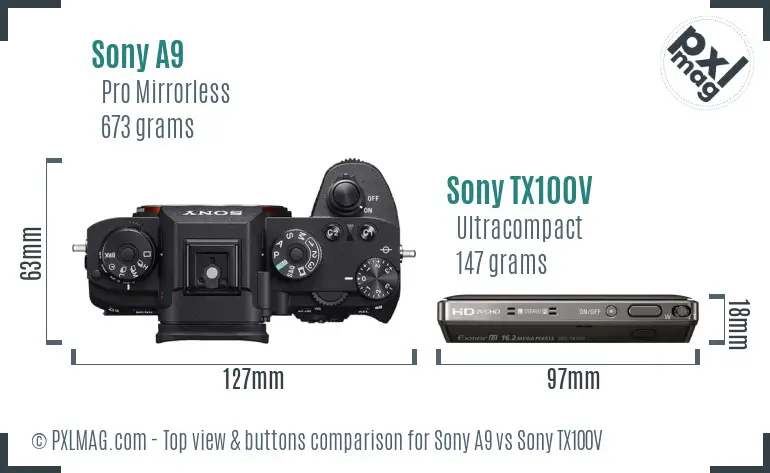 Sony A9 vs Sony TX100V top view buttons comparison